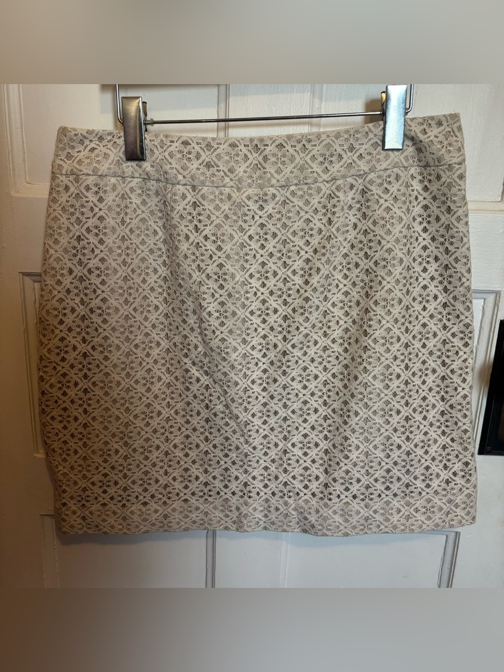 Ann Taylor LOFT Cream Skirt Crochet Overlay Lace Pattern Size 10 Side Zipper